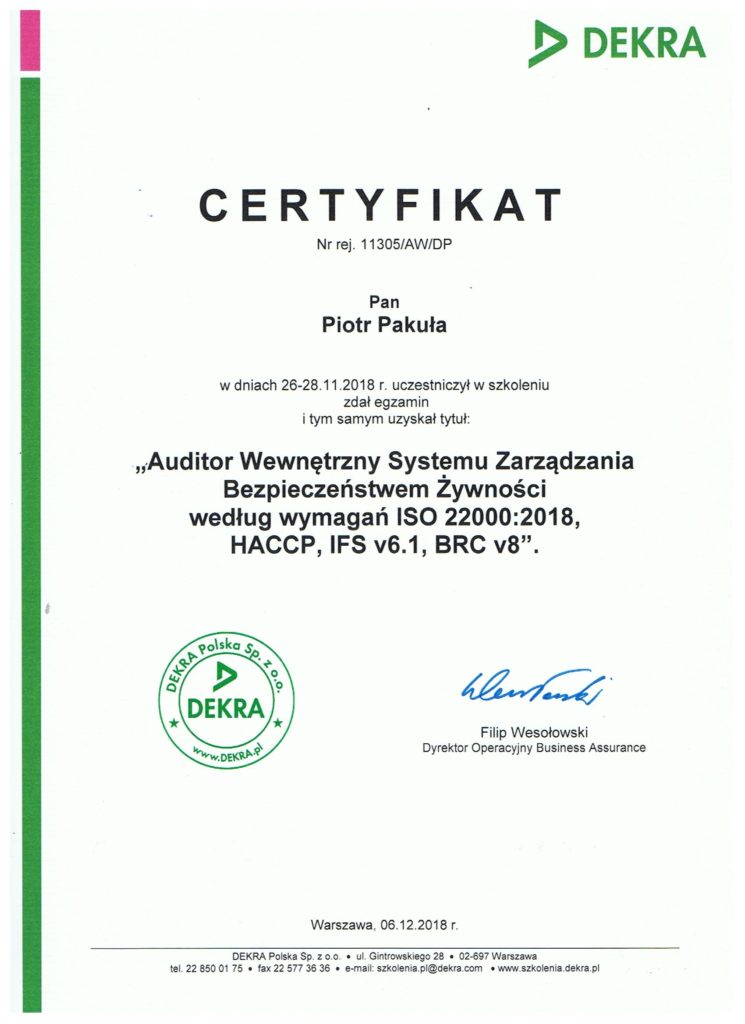 Auditor Wewnętrzny Systemu Zarządzania Bezpieczeństwem Żywności - zwalczanie szczur&oacute;w i myszy, zwalczanie much mr&oacute;wek, oprysk na kleszcze i komary, zwalczanie pluskiew, dezynfekcja urzęd&oacute;w, dezynfekcja klimatyzacja, dezynfekcja i sprzątanie po zmarłych, gazowanie zb&oacute;ż silos&oacute;w magazyn&oacute;w, zamgławianie termiczne ulv, usuwanie roztoczy alergen&oacute;w, ozonowanie mieszkań klimatyzacji, usuwanie grzyb&oacute;w pleśni bakterii, wdrożenie haccp punkty krytyczne, audyt biologa terenowego brc, dokumentacja haccp ghp gmp, szkolenia dla pracownik&oacute;w ifs haccp, sprzątanie poddaszy strych&oacute;w piwnic, usuwanie odchod&oacute;w gołębi i innych ptak&oacute;w, sprzątanie i odkażanie po zgonach, zwalczanie roztoczy i ich alergen&oacute;w, odgrzybianie, likwidacja pleśni grzyb&oacute;w alergen&oacute;w, izolacja pozioma przy zawilgoceniu mur&oacute;w piwnic, osuszanie budynk&oacute;w i mieszkań, usuwanie wilgoci, badania laboratoryjne pleśni grzyb&oacute;w, pobieranie pr&oacute;bek z powietrza i r&oacute;żnych innych powierzchni